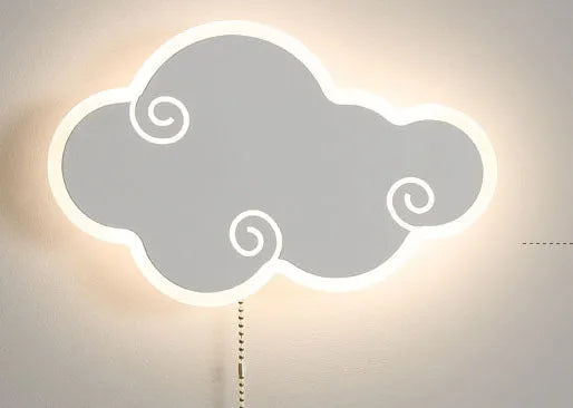 White cloud-shaped children's wall lamp with acrylic cover mounted on a bedroom wall.