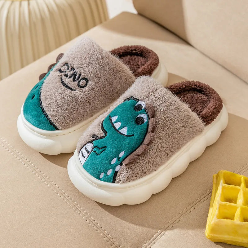Plush cotton slippers with dinosaur designs and thickened sole for indoor couple use