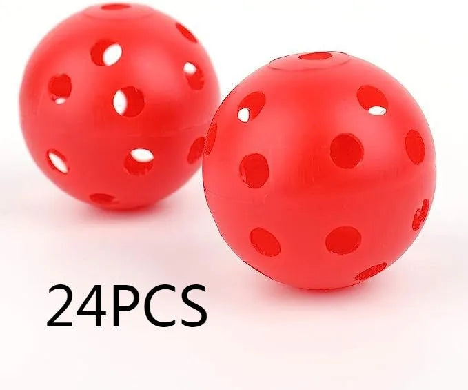 Multi-colour 42mm golf practice balls in red, blue, green, orange, white, and yellow in a net bag