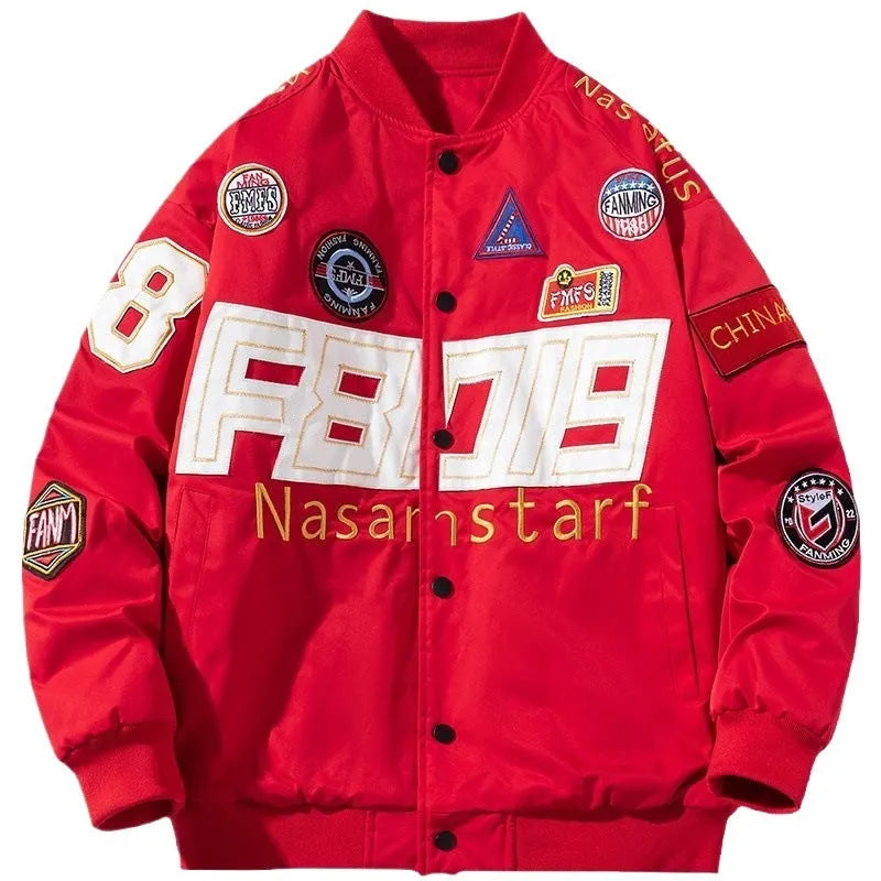 Thick polyester motorcycle jacket with embroidered baseball trim and drawstring sleeves in black