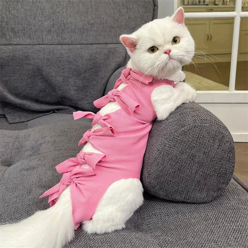 Lace-up cat sterilisation recovery clothing in polyester, shown in various colours and sizes.