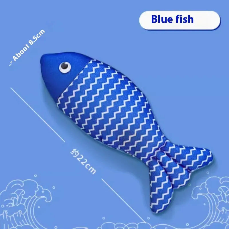Plush fish cat toy filled with catnip, shown in blue, red, and yellow colours, with large and medium size examples
