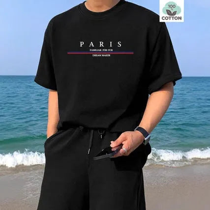 Men's white short-sleeved t-shirt with black letter print design on pure cotton fabric