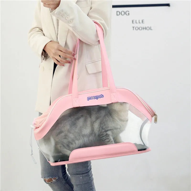 MOORPET leather cat carry bag in beige with structured sides and top handle.