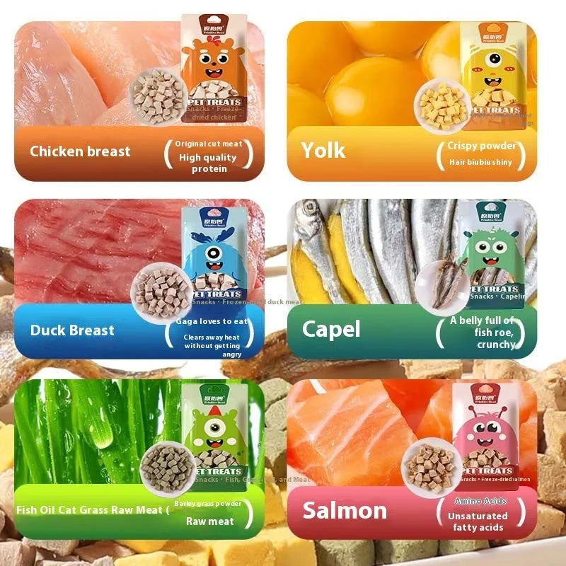 Assorted freeze-dried pet snacks including chicken, salmon, egg yolk, and rabbit blood in small resealable packs for dogs and cats