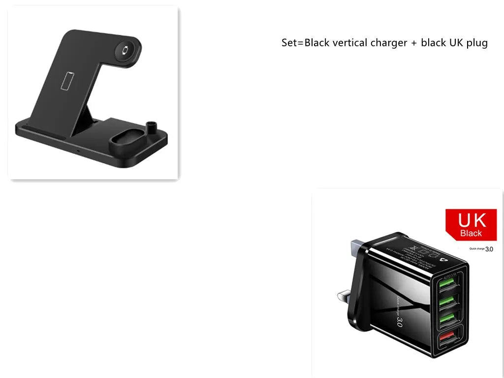 Black and white 4-in-1 wireless charging station showing phone on adjustable stand, Apple Watch, AirPods, and Apple Pencil charging simultaneously.