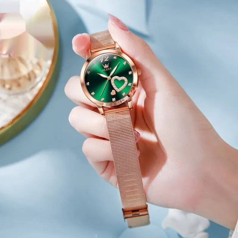 Women's fashion watch with rose alloy case and mesh strap in six dial colour options.