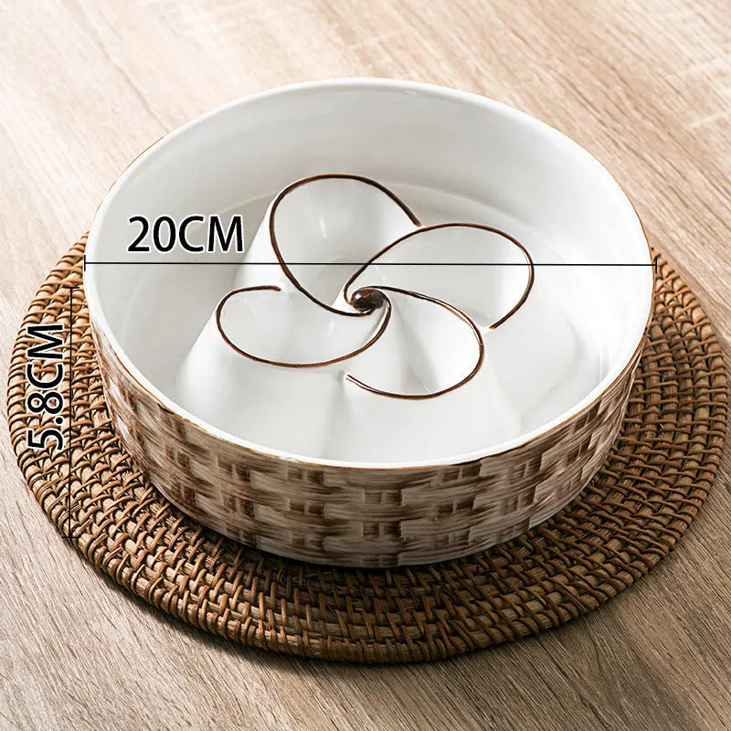 Blue ceramic slow feeder dog bowl with raised ridges for medium and large dogs on non-slip base