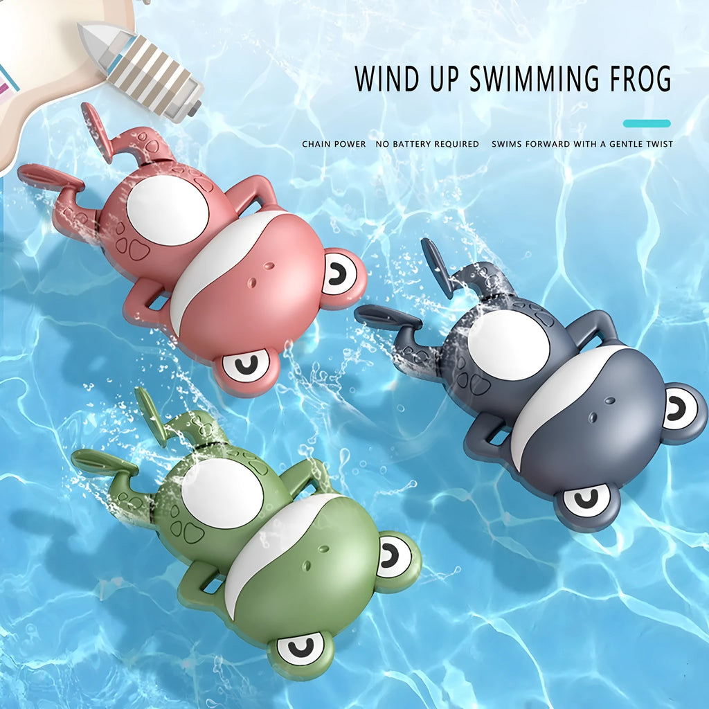 Little Frog bath toy in Deep Mist Blue, wind-up floating water toy, ABS plastic, 14x10cm, for infants 0-3 years