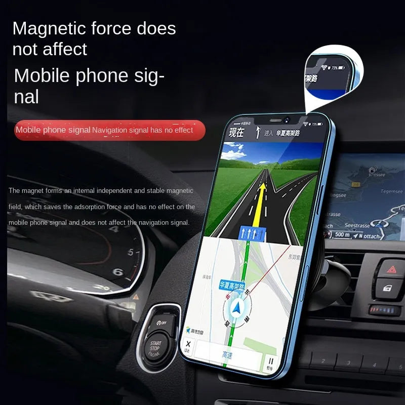 Black aluminium alloy magnetic car air vent mobile phone holder showing 360° rotation