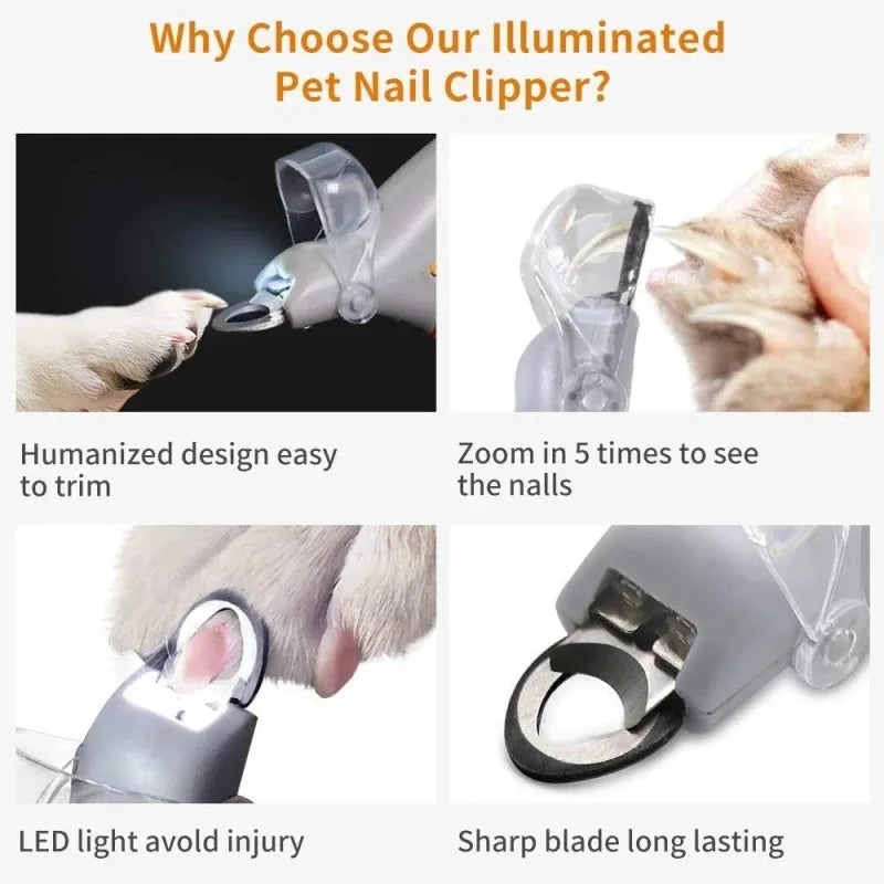 Yellow pet nail clipper with built-in LED light and magnifying lens for dogs and cats.