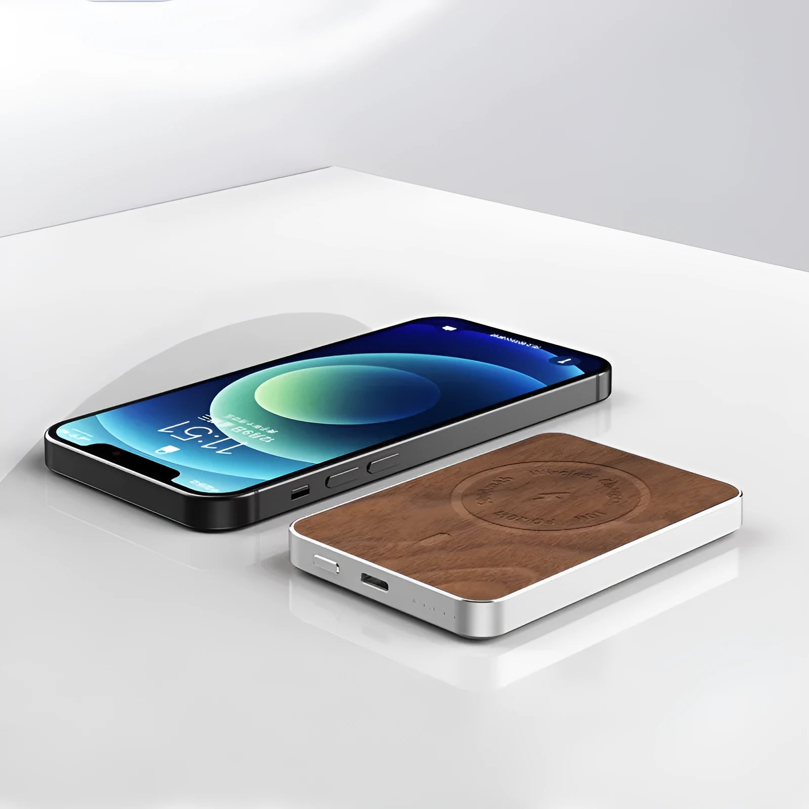 Khaki aluminium alloy magnetic wireless charging bank with 5000mAh battery and USB port