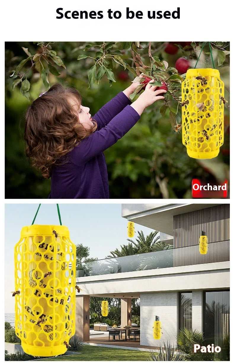 Hanging hornet catcher with sticky catcher and outer mesh for wasps and small flying insects in outdoor settings