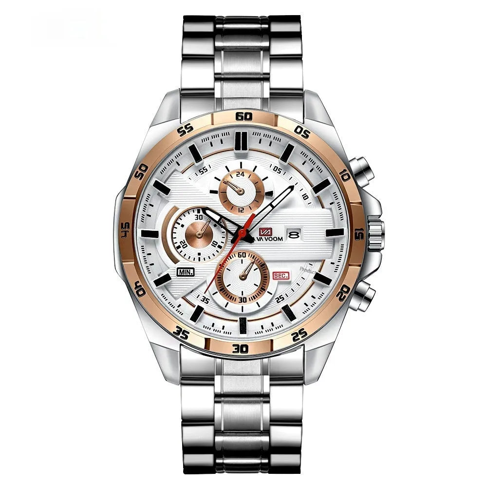 Men's waterproof quartz watch with calendar display and decorative metal casing