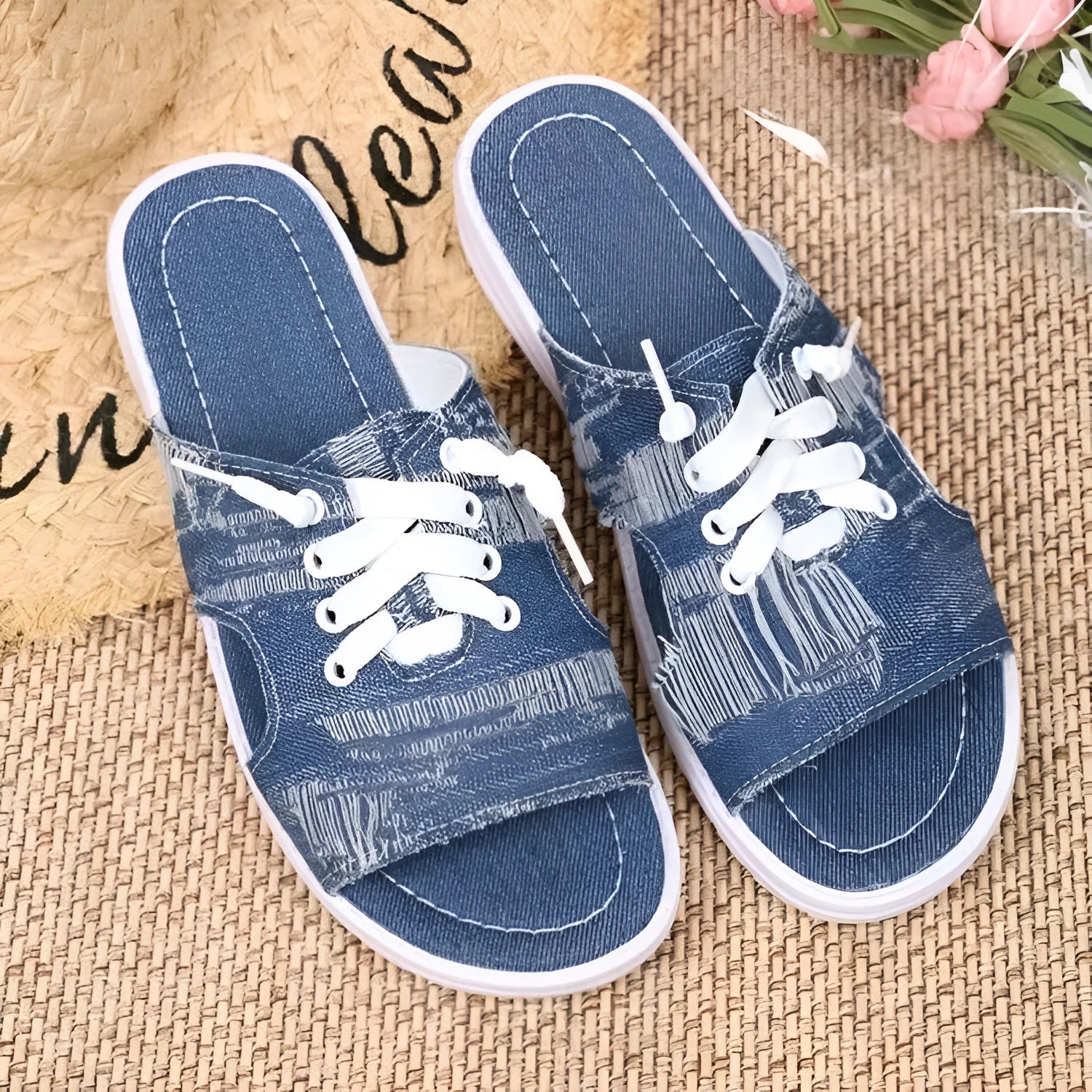Blue women's flat canvas Roman slippers with a rubber sole, shown in size 36-43.