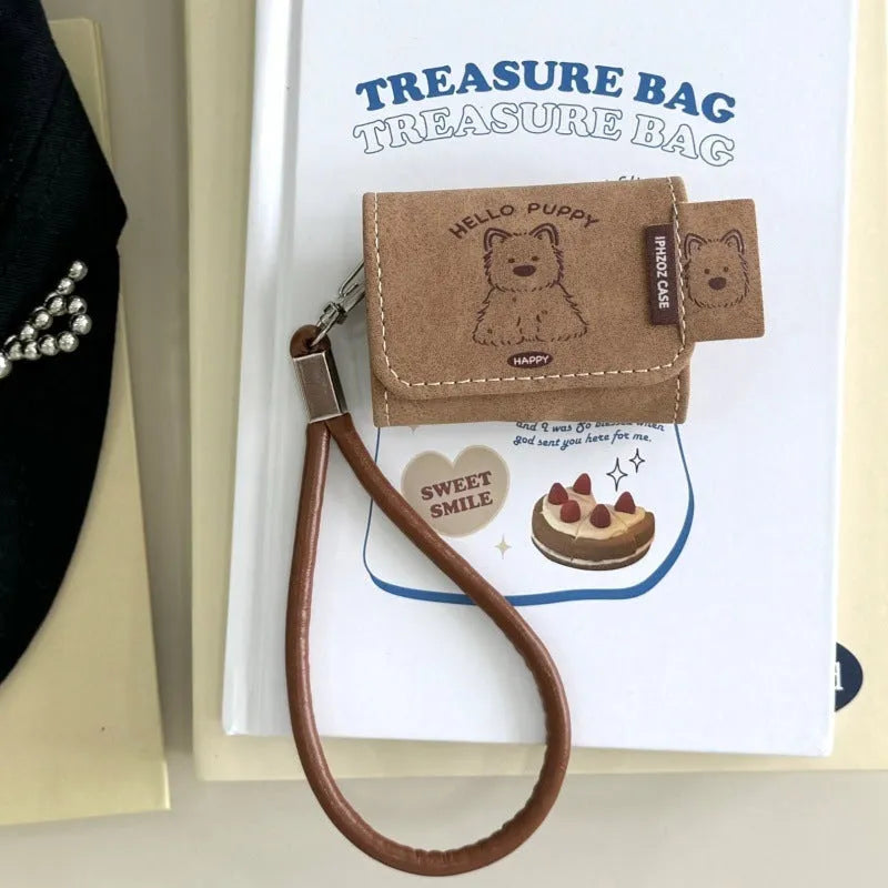 Brown imitation leather AirPods protective case with cartoon West Highland dog and frosted finish