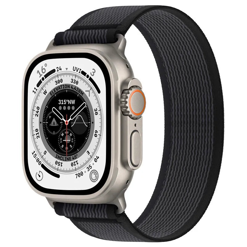 Nylon single ring watch strap for Apple Watch in multiple colour options on a grey background.