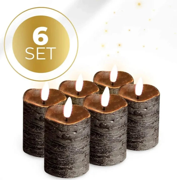 Set of four black S6 LED pillar candles with realistic wax-like finish.