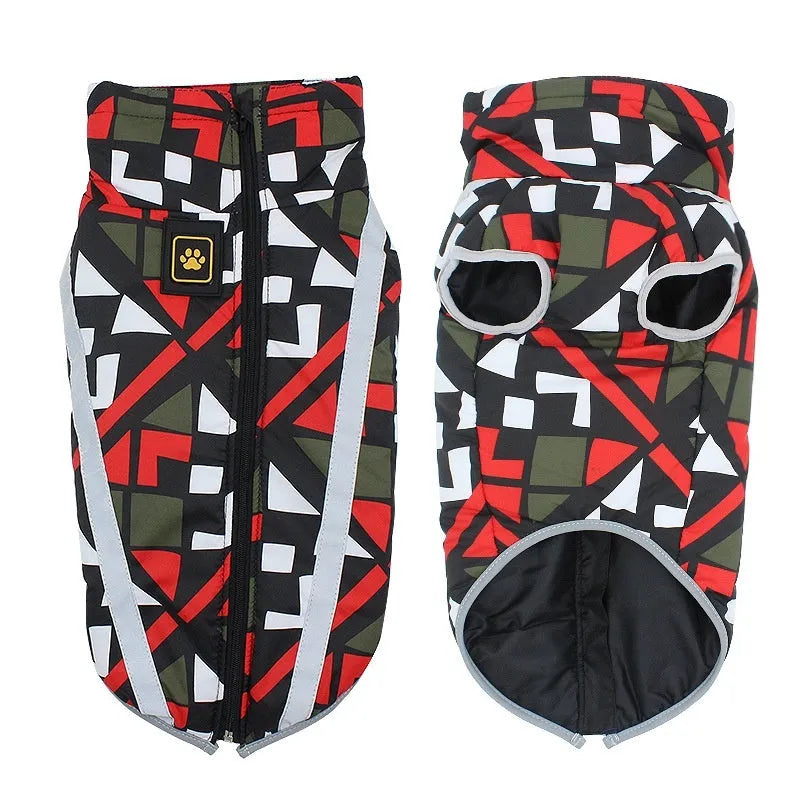Reflective thick-shell dog jacket in geometric blue, red, or graffiti patterns for XL to 6XL sized pets