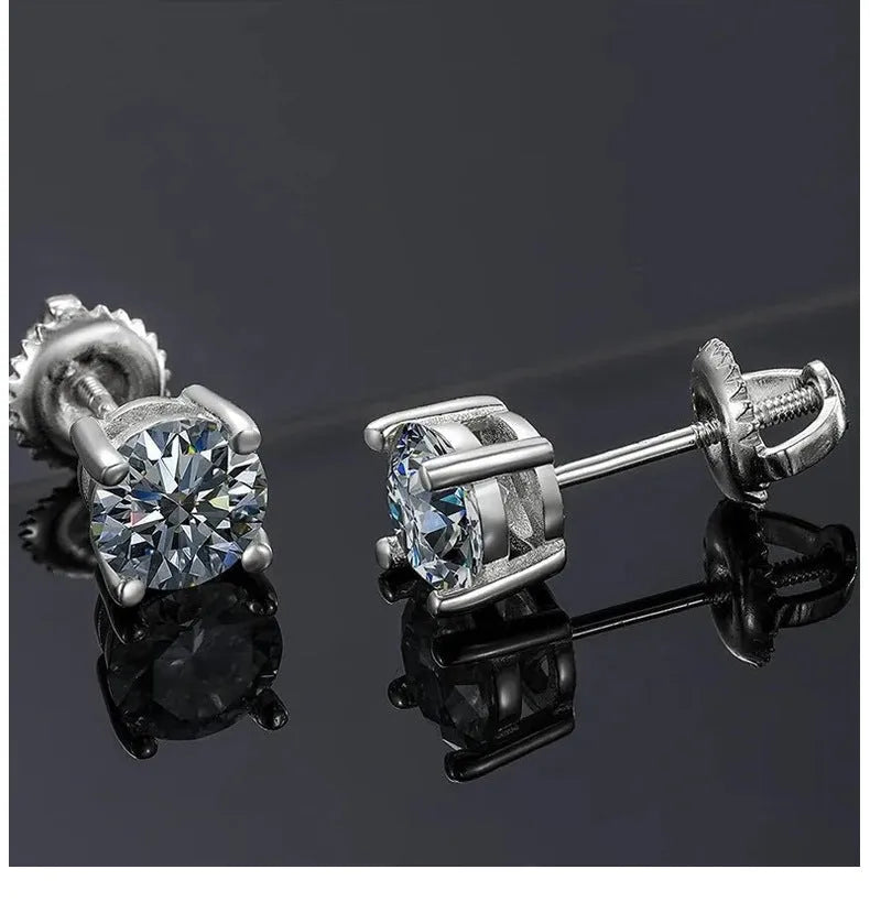 Silver geometric screw-back stud earrings with moissanite stones in four-claw setting