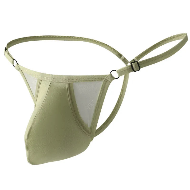 Men's low-waist ice silk briefs in a T-back design with thin straps, shown in multiple colours.