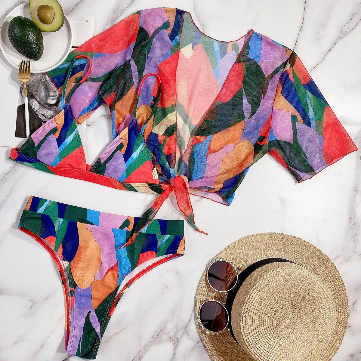 Red printed women's split swimsuit bikini for swimming and casual surfing