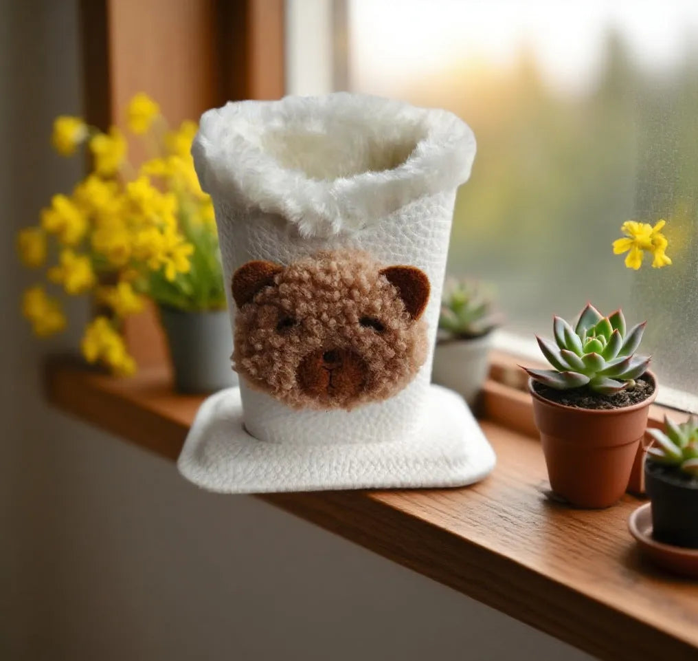 Nordic style fluffy cartoon desktop glasses storage bucket in leather with animal design, 11.6x8.1x12cm