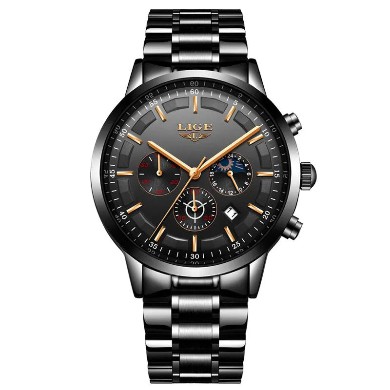 Men's black and rose red gold quartz sports watch with waterproof design