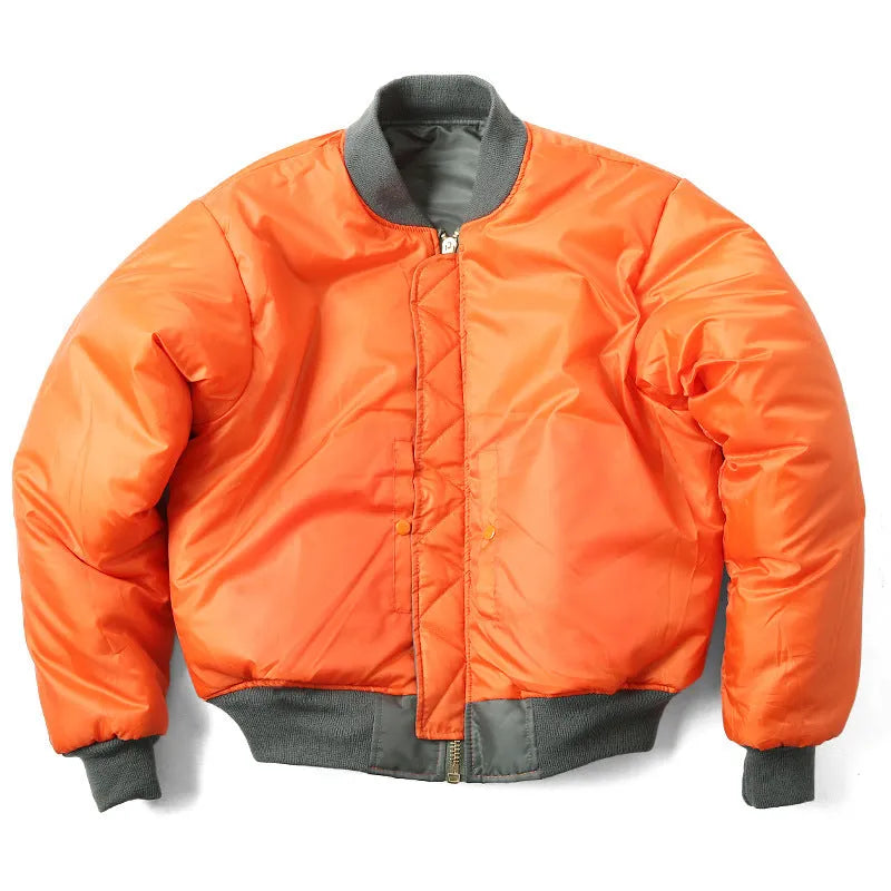 Men's army green loose-fit cotton-padded pilot jacket with double-sided wear-resistant nylon construction.