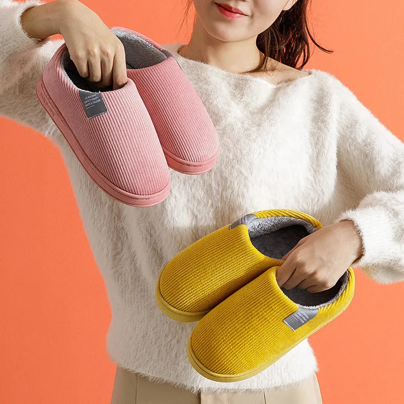 Plush women's house slippers in green with anti-skid PVC sole, flat heel, round toe