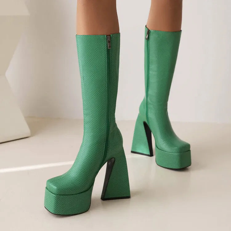 Women's casual high boot in artificial PU leather, shown in black, red, blue, and white colour options.