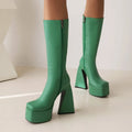 Women's casual high boot in artificial PU leather, shown in black, red, blue, and white colour options.