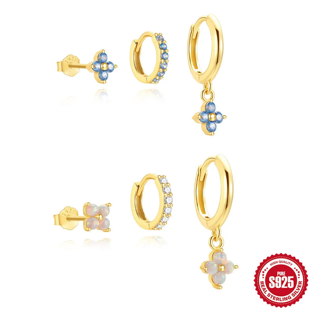 S925 sterling silver geometric circle earrings set of 3 pieces with classic petals and diamond design in gold tone