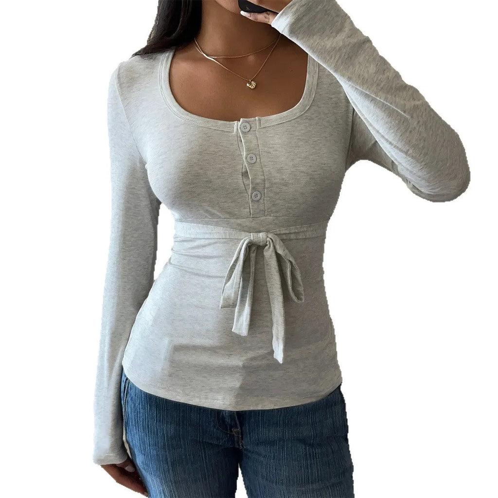 Women's slim fit long sleeve base layer t-shirt in gray sweater knit fabric