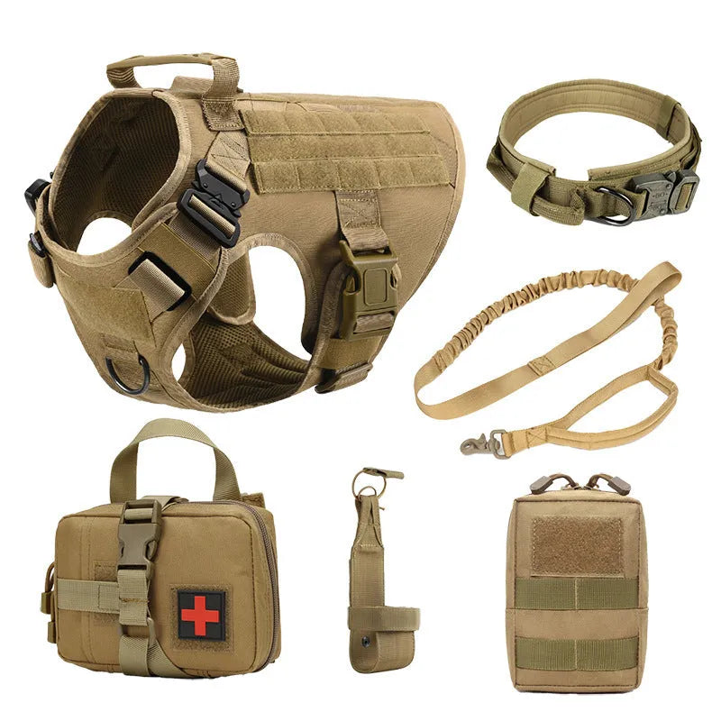Dog wearing polyester combat training vest harness in black colour from 6-piece set