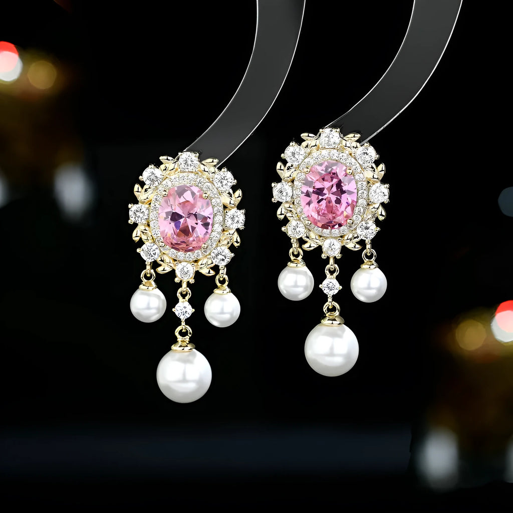 Oval geometric copper earrings with zircon inlay and pearl tassels in light purple, pink, white colour options