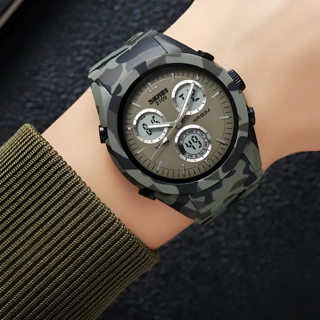 Electronic digital watch with a camouflage TPU strap and resin mirror, showing time on display.