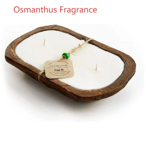 Lavender-coloured wooden basin containing a soy wax aromatherapy candle with three wicks.