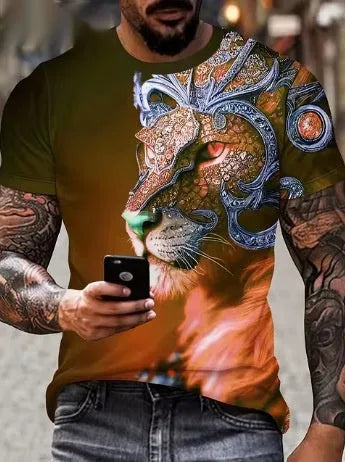 Men's black T-shirt with a large, fierce 3D lion head print on the front