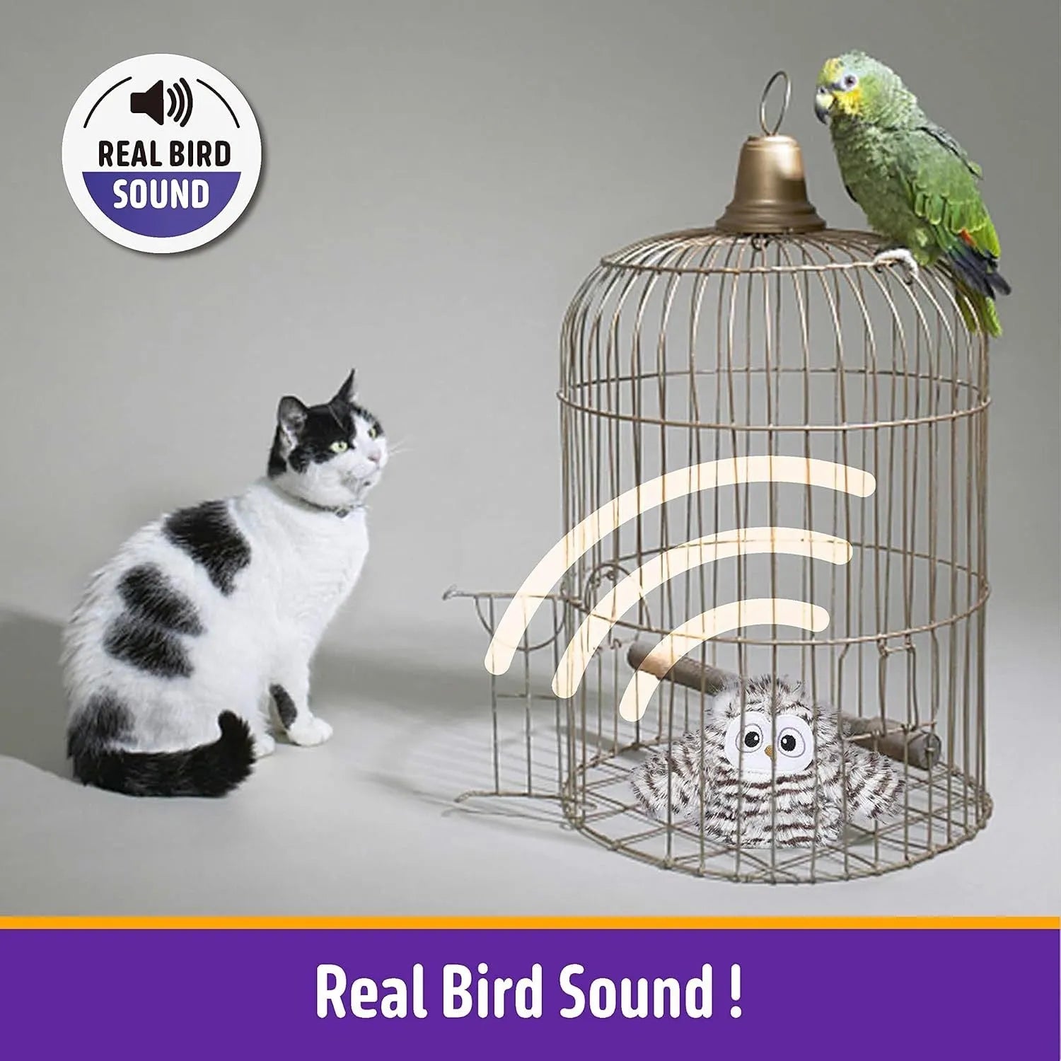 Grey automatic flapping owl cat toy with wings extended showing 10x14cm size