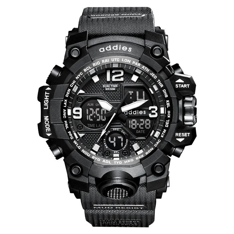 Electronic dual-display sports watch with plastic case and 50m waterproof rating