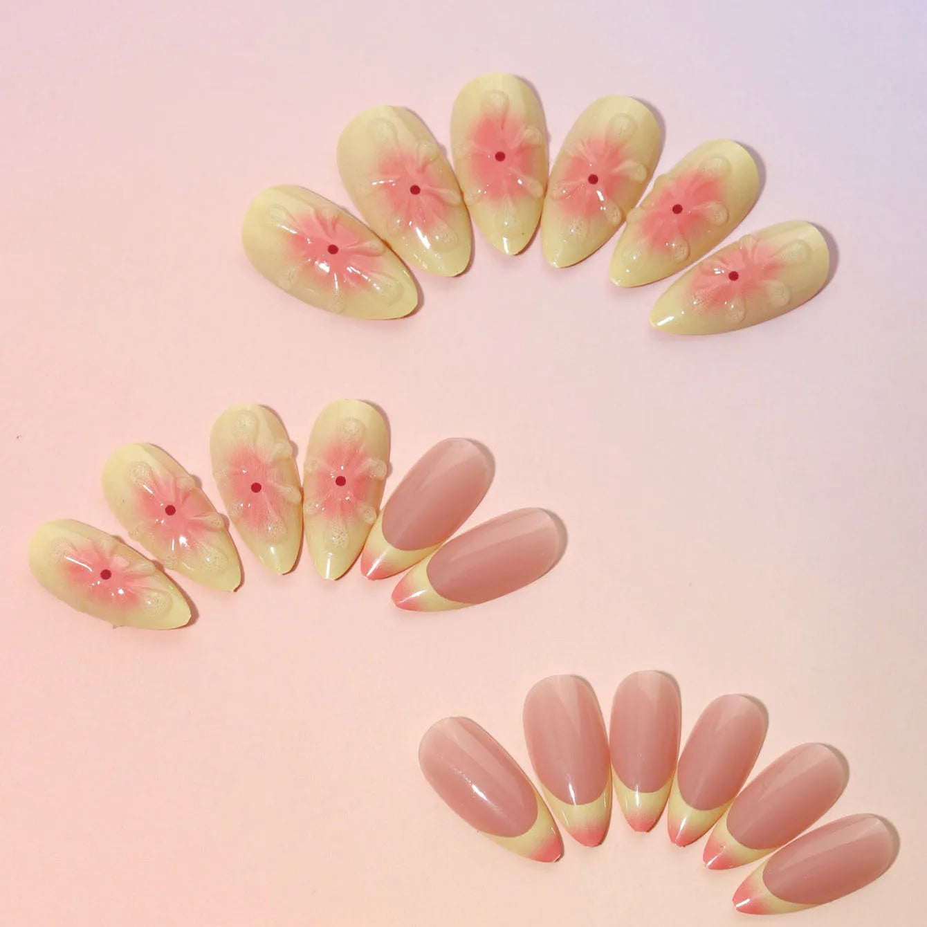 Set of plastic false nails with raised cartoon 3D flower design, jelly glue tube, and nail file.