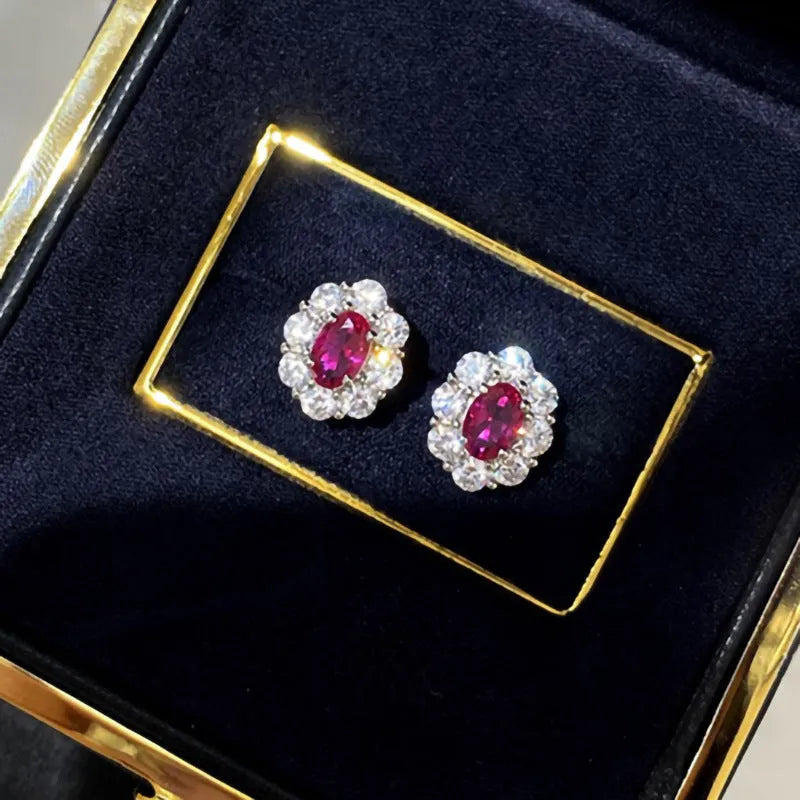 Simulated ruby oval earrings for women with zircon inlay and copper construction
