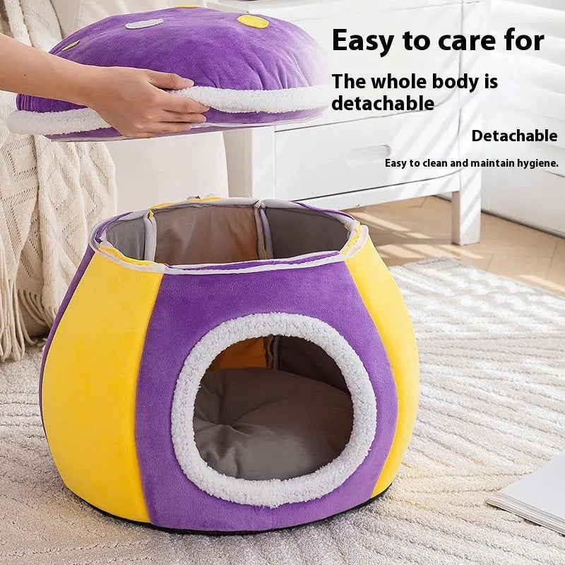 Grey mushroom-shaped plush cat bed nest for small pets on a white background.