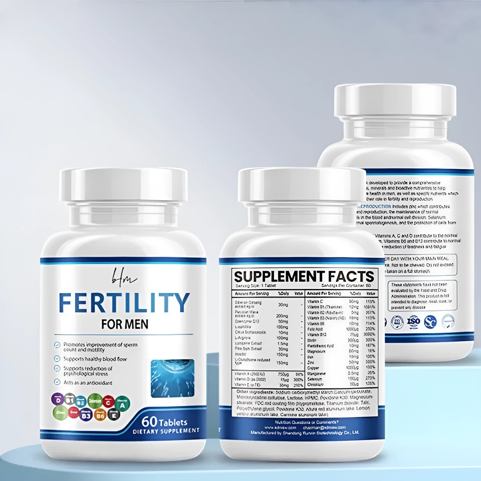 Sealed bottle of Male Fertility Tablets containing 60 tablets with COMLEX vitamin mineral amino acids formula.