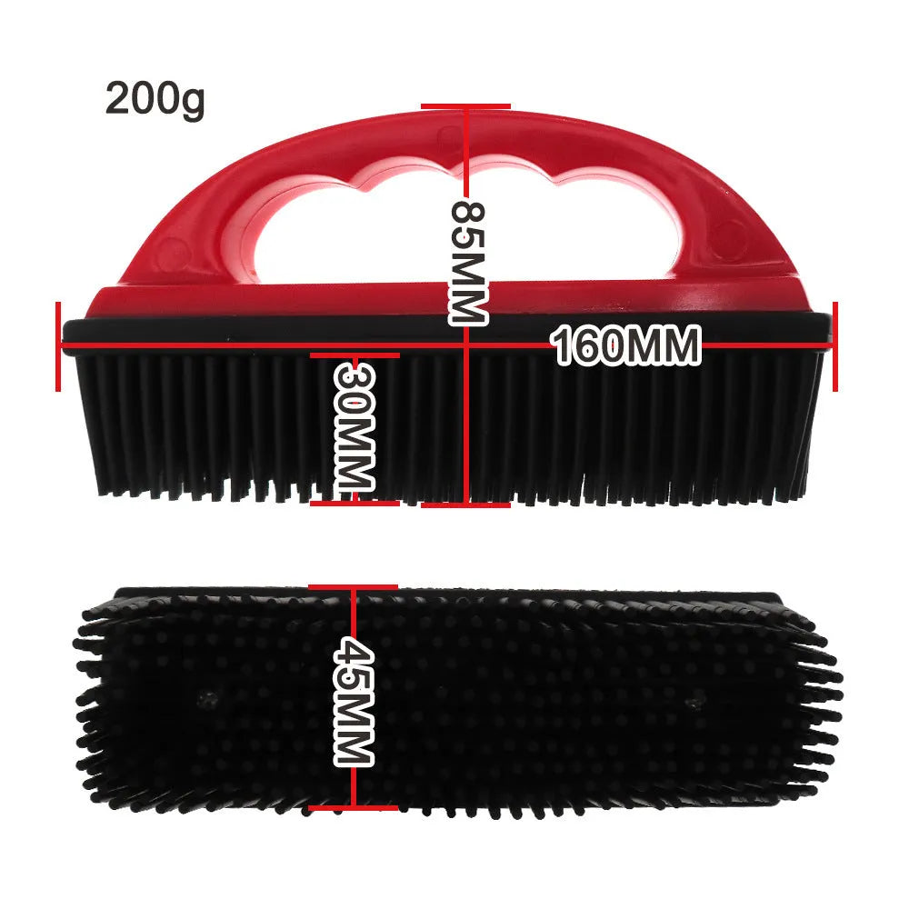 Red pet hair removal brush with rubber teeth and flexible silicone bristles measuring 160mm by 85mm
