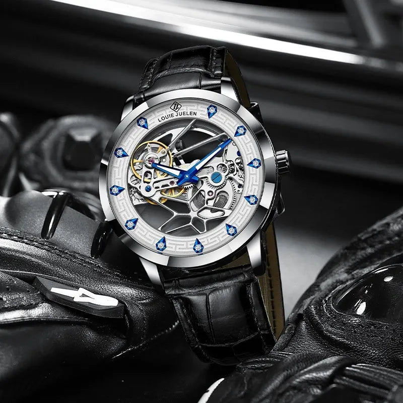 Men's silver mechanical watch with white dial, blue luminous hands and black leather strap