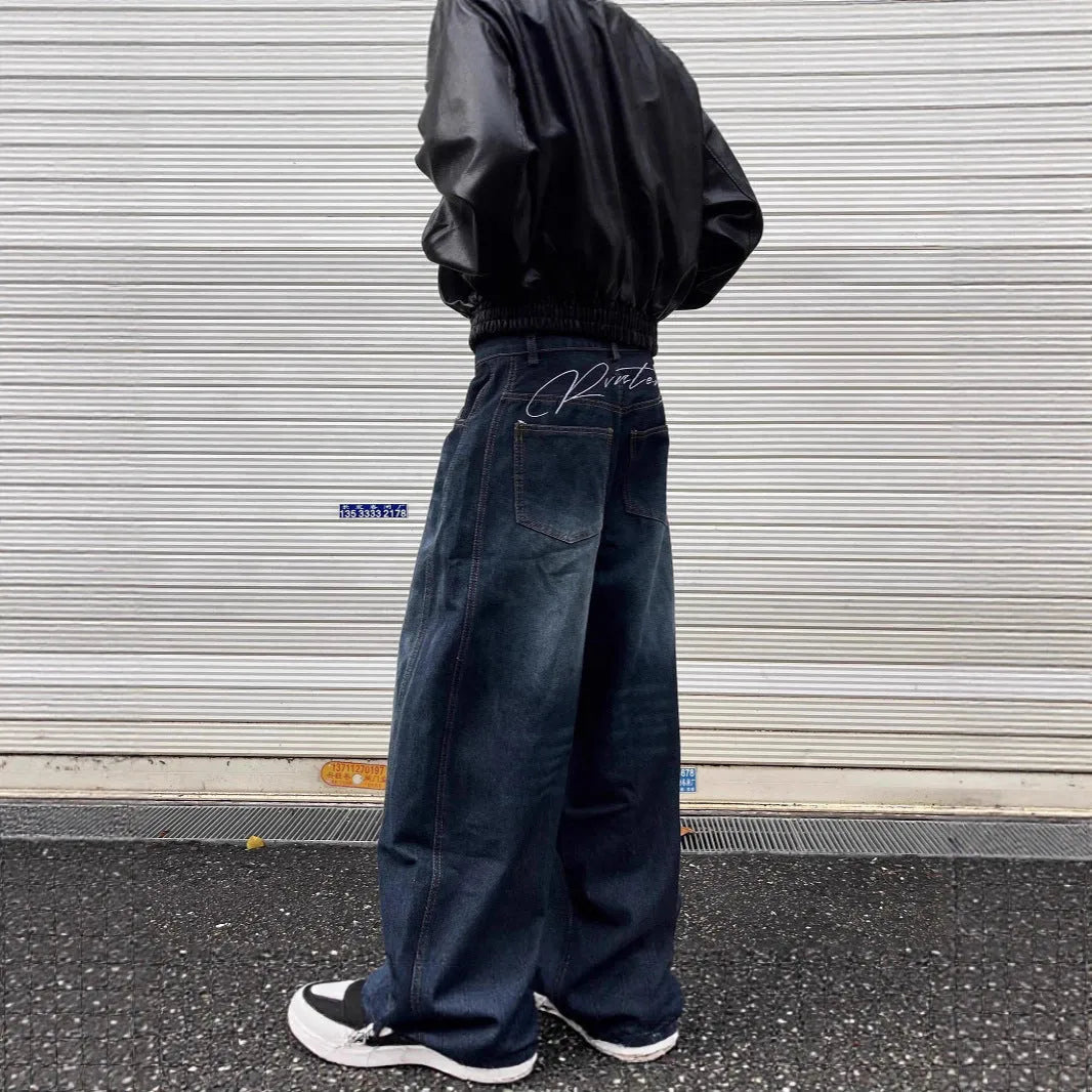 American retro machete jeans for men and women in blue cotton denim, mid waist, full length