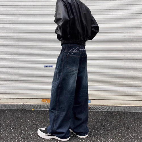 American retro machete jeans for men and women in blue cotton denim, mid waist, full length