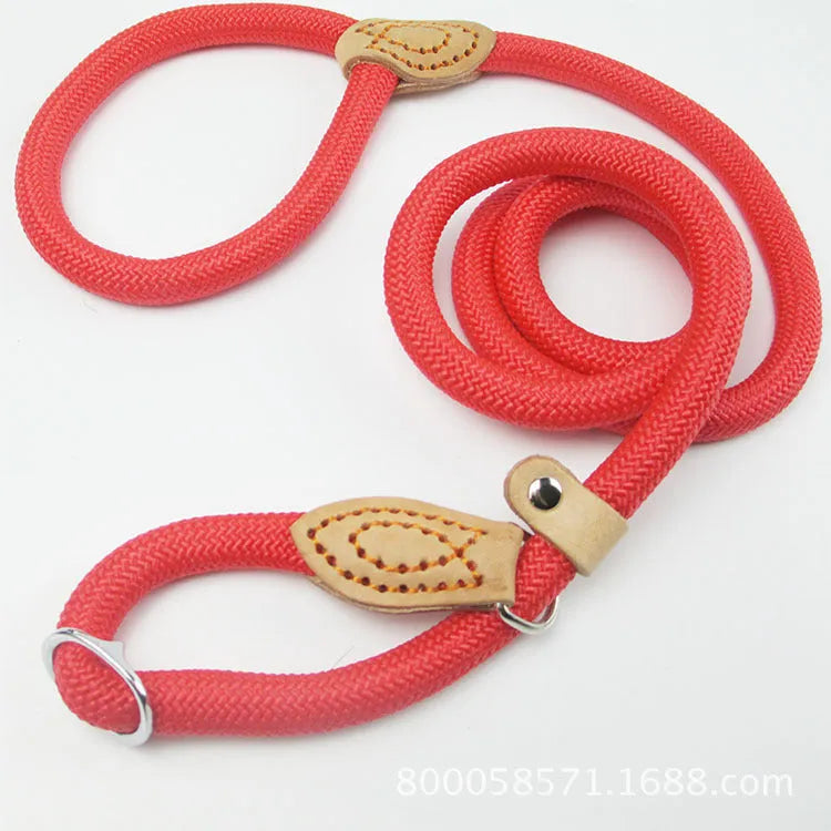 Brown dog leash with nylon P chain handle and rope section, 2.1 metres long